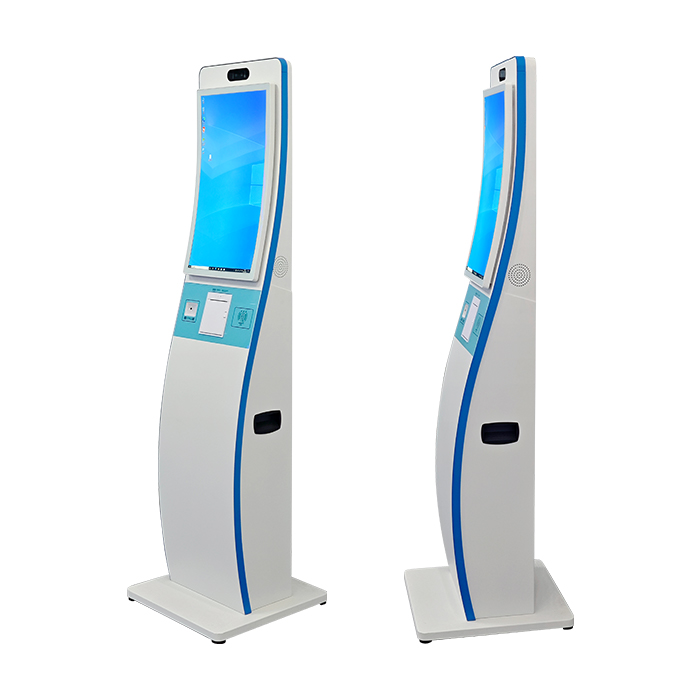 21.5-inch floor-standing self-service kiosk with slim white enclosure