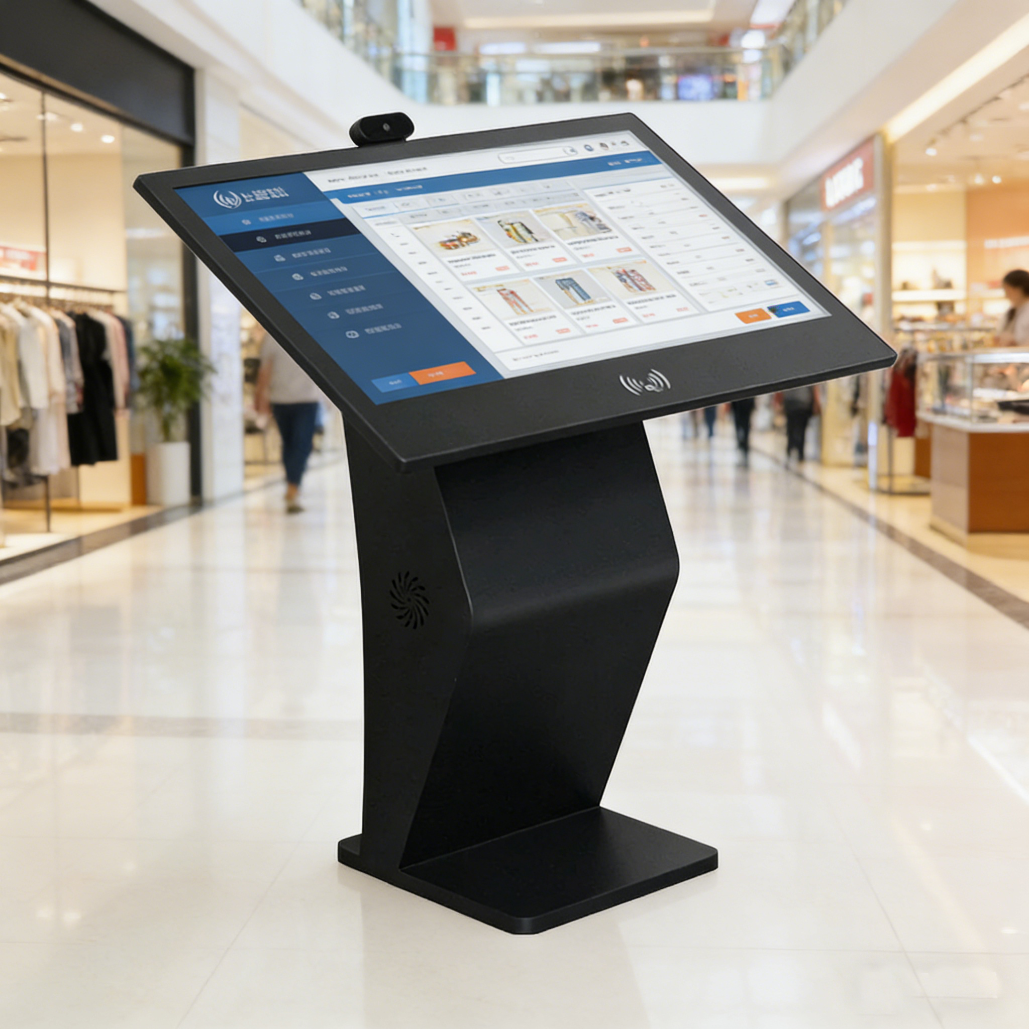 Floor-standing slanted interactive touch information kiosk for wayfinding and self-service